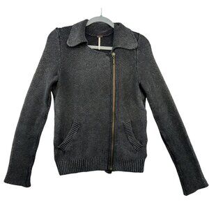 Free People Womens Waffle Knit Jacket Sweater S Zipper Closure Gray Cotton